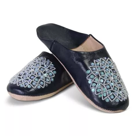 Chaussons marocains en cuir bleu foncé paillettes SFMRKBAB00013