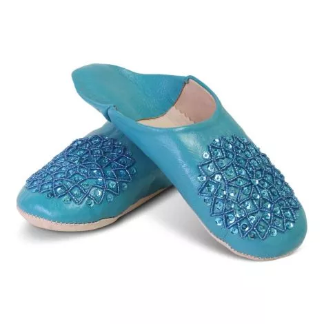 Chaussons marocains en cuir bleu clair à paillettes SFMRKBAB00031